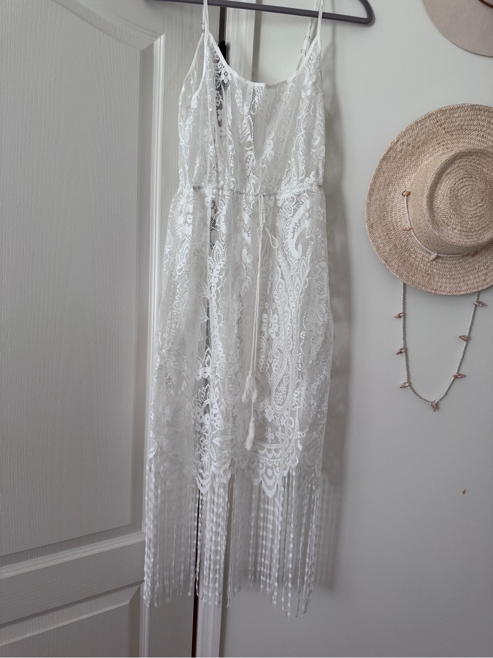 White Lace Fringe Beach Cover-Up Dress
